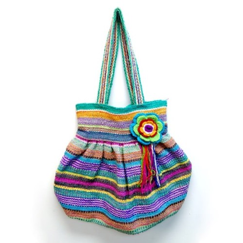 Mindy Bag with bright stripes and hand-crocheted flower accent