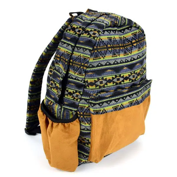 Grey Tribal Backpack with mustard yellow side and front pockets