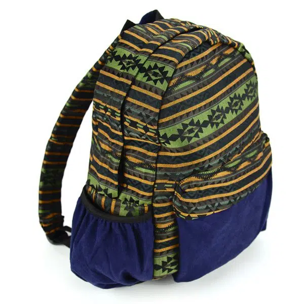 Lime green Tribal Backpack with indigo side and front pockets