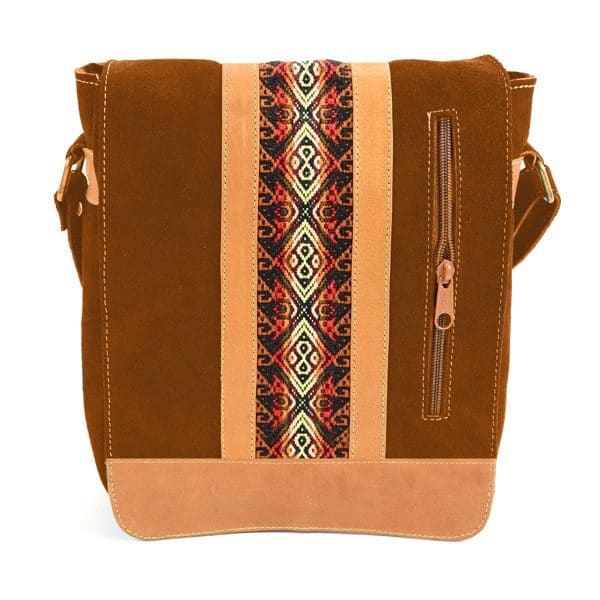 light brown Justa Crossbody suede bag with leather and chumbi accents