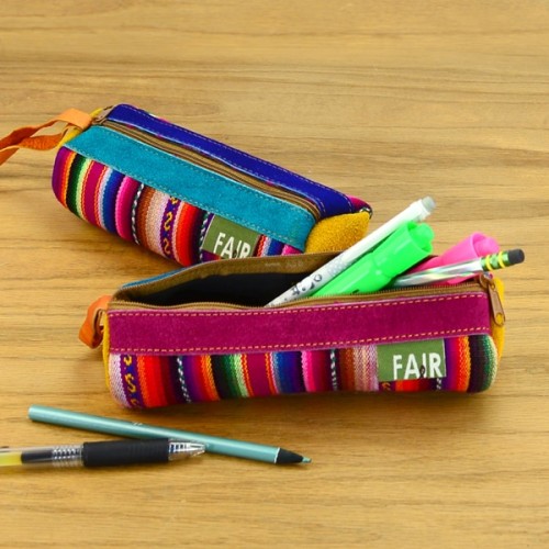 Suede Trimmed Pencil Case in a colorful striped pattern
