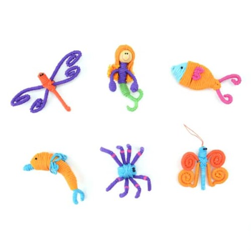 Six different designs, these designs are, dragon fly, mermaid, fish, dolphin, spider, and a cricket. these are made out of cotton and wire