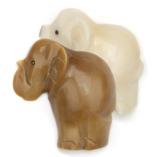 Two elephants, that on the other side have are flat, they come in two different colors, brown and white and there made from tagua seeds