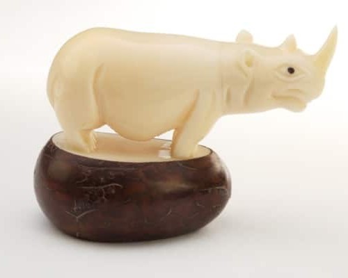 A rhino standing on off a platform, hand carved from a tagua seed