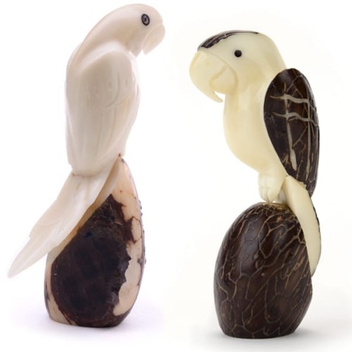 two different parrots standing next to each other, both were hand carved from a tagua seed