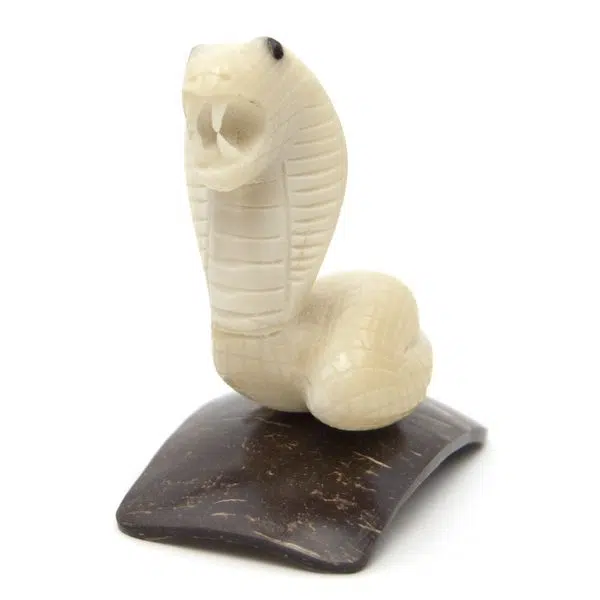 A cobra sitting on a flat piece of a tagua nut, these animals have also all been carved out of a tagua nut.