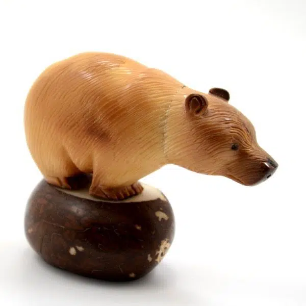 A grizzly bear that has been carved with extreme detail in mind. these have been carved out of tagua nuts.