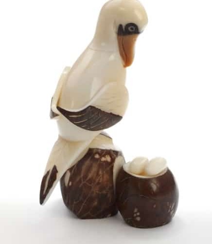 A sea bird with its nest sitting on some rocks, made and hand carved from tagua seeds