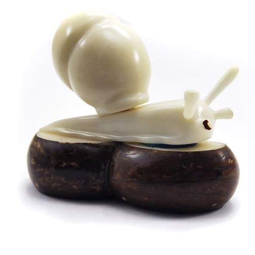 A snail laying on a rock, this was hand carved and made out of tagua seeds