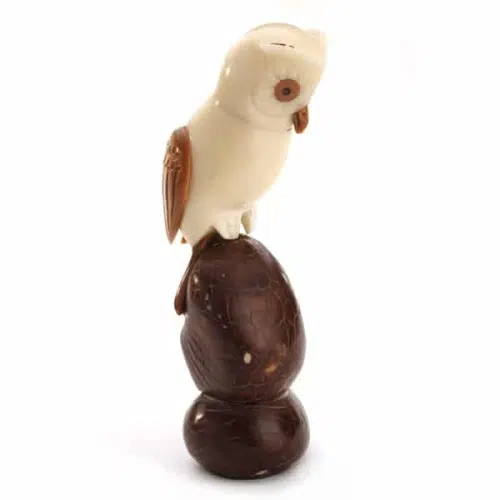 A hand carved owl made from a tagua seed