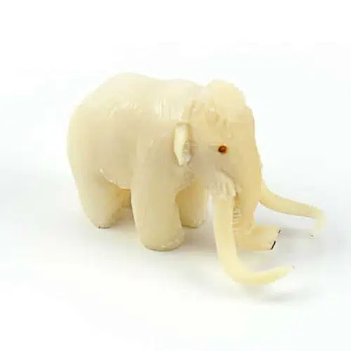A picture of a wooly mammoth, hand carved and made from tagua seeds