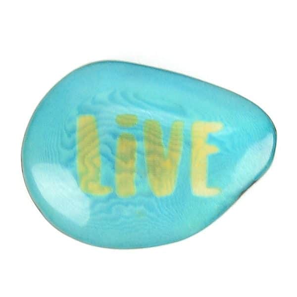 A tagua seed that says live on it