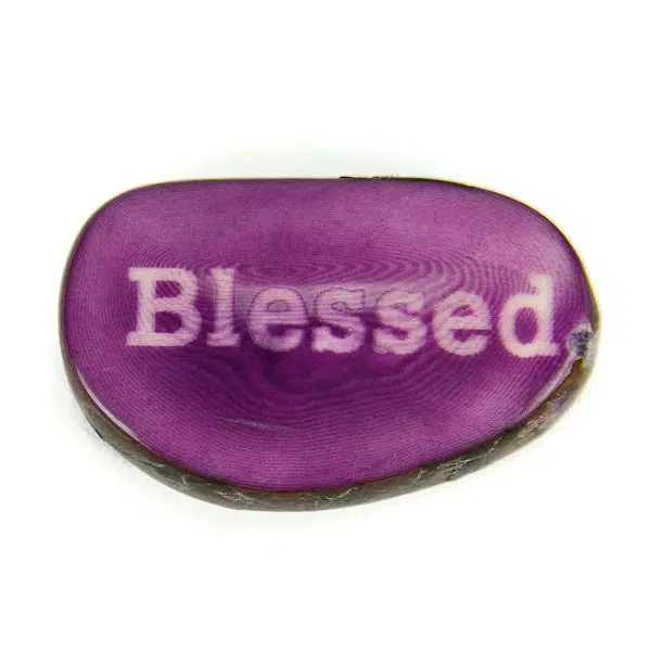 A tagua seed that says blessed on it