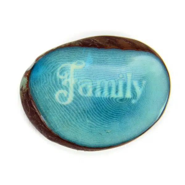 A tagua seed that says family on it