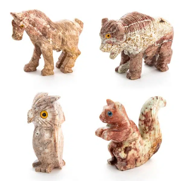A group of soapstones, they are, horse, owl, squirrel, and bison