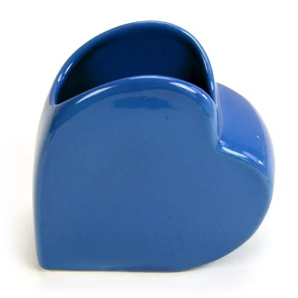 A blue vase shaped like a heart, great for holding things.