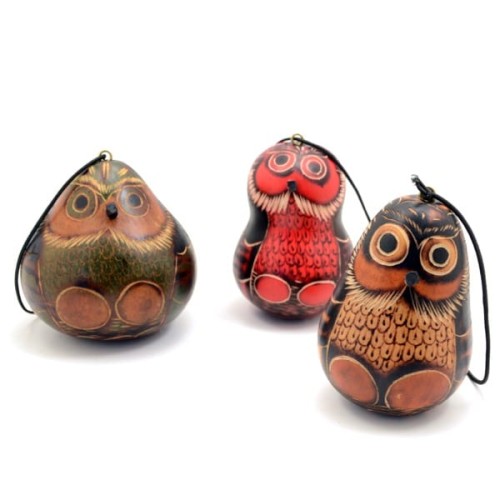 Three different styles of the large gourd owl ornament.