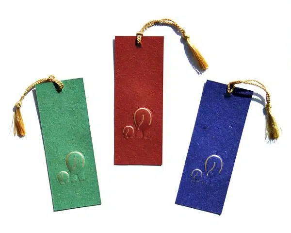Green, red, and blue bookmarks with embossed baby and mama elephant