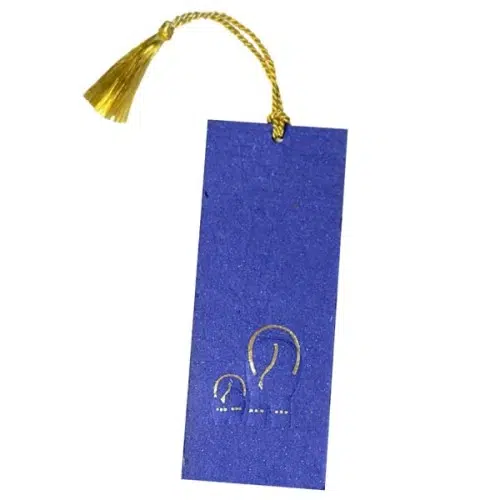 Blue Bookmark with embossed with baby and mom elephant , and a golden tassel