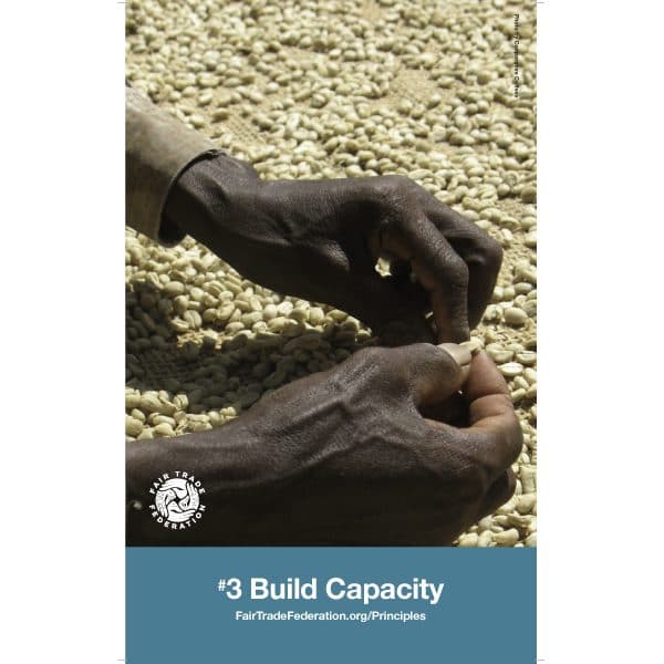A poster set that tells you the rules to being a fair trade company this is number three, build capacity