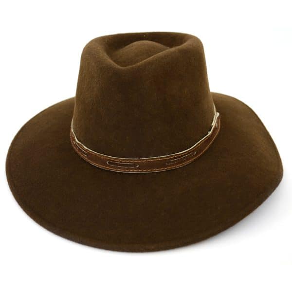 A close up of the wool aussie hat showing the different colors and design, this is the color brown