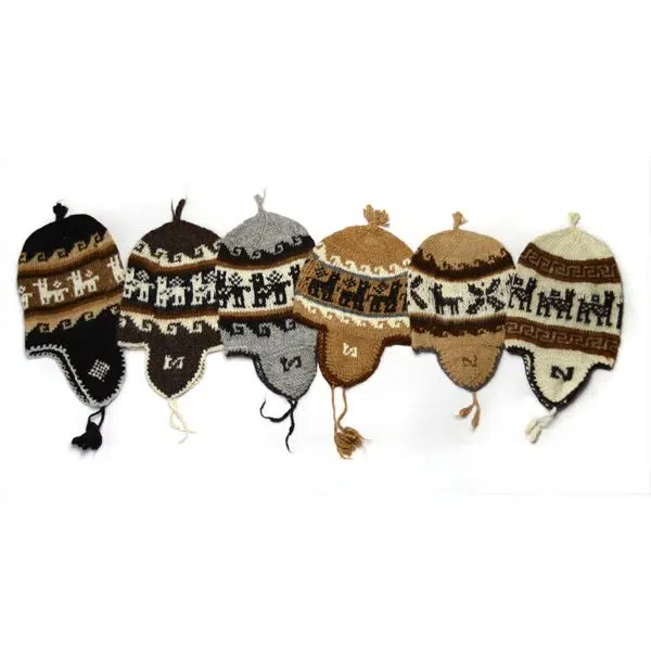 A close up of all the rustic earflap hats and the different colors that they can come with