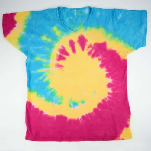 A tie dyed T-shirt, comes in the color blue, yellow, and pink