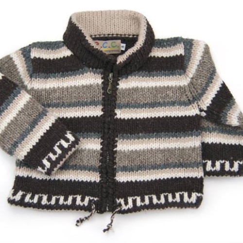 A boy zip-up sweater with pockets, has stripes, the stripes come in a variety of colors