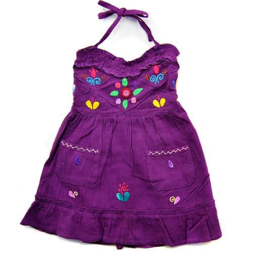 Purple Sweetheart Dress with colorful Hand-embroidered flower details, two front pockets, and a halter style tie strap.