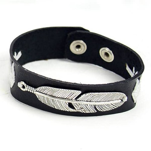 A leather feather bracelet, is made from leather and comes with a feather design on it.
