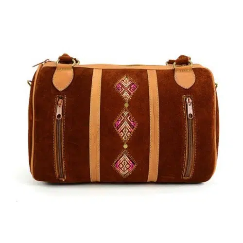 Brown suede leather Wayfarer Satchel with smooth tan leather accents