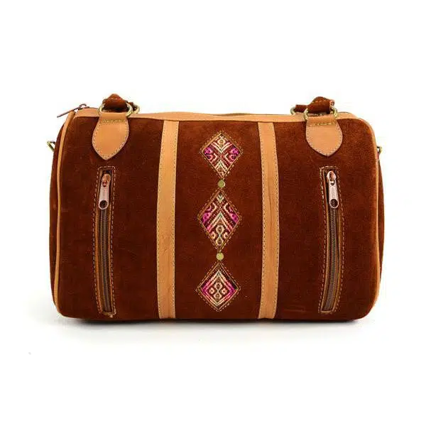 Brown suede leather Wayfarer Satchel with smooth tan leather accents