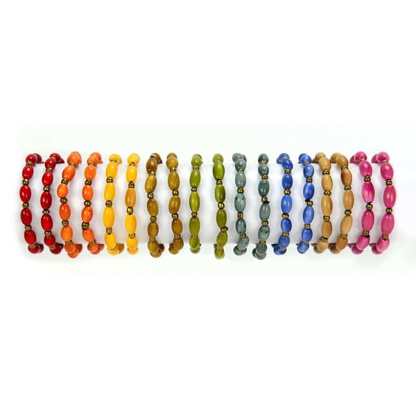 A picture of the summer colors that the sofia bracelet can come in, those are, red, orange, yellow, mustard, green , teal, light blue, light brown, pink.
