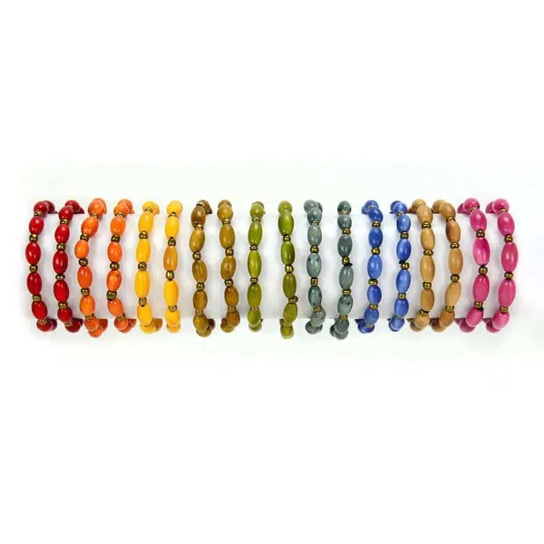 A picture of the summer colors that the sofia bracelet can come in, those are, red, orange, yellow, mustard, green , teal, light blue, light brown, pink.