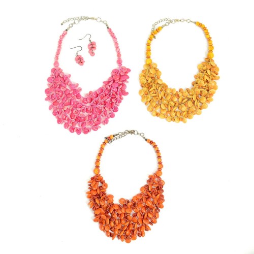 A picture of 3 different necklaces with one coming with matching earrings.