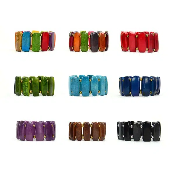 A picture of all the different colors that the narrow plaque with bead bracelet can come in.