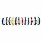 A picture of all the different bracelets that come in a wide verity of colors, those colors are, blue, purple, green, yellow, blue/green, multi, orange, red/turquoise, blue, red, and turquoise