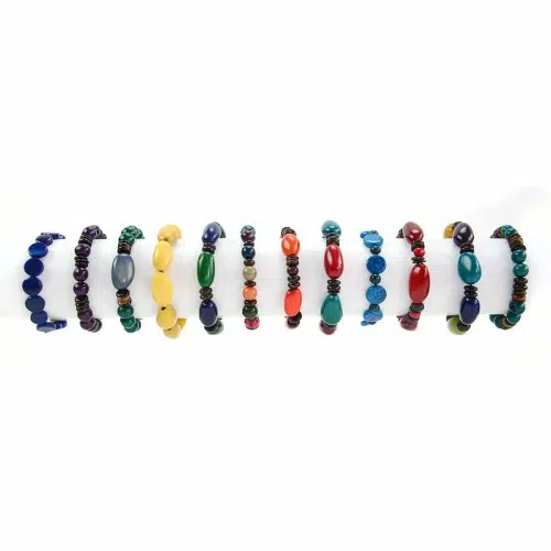 A picture of all the different bracelets that come in a wide verity of colors, those colors are, blue, purple, green, yellow, blue/green, multi, orange, red/turquoise, blue, red, and turquoise