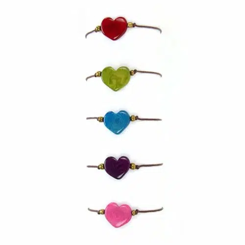 A picture of a bunch of different single heart bracelets, they come in a verity of colors, those colors are red, green, turquoise, purple, and pink