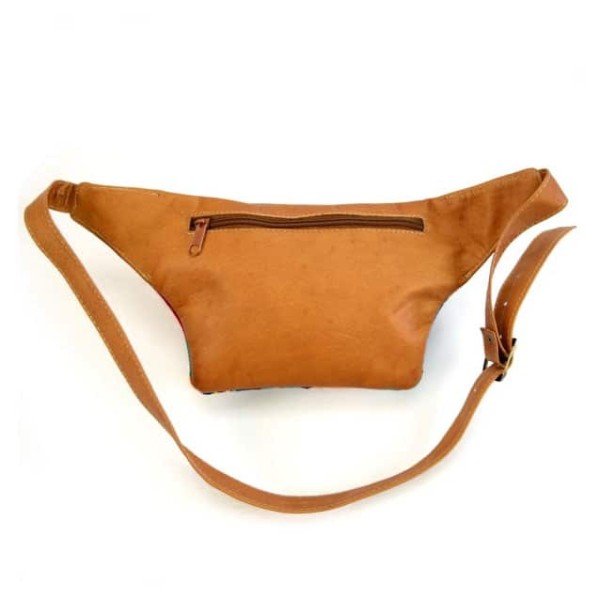 back of tan leather fanny pack