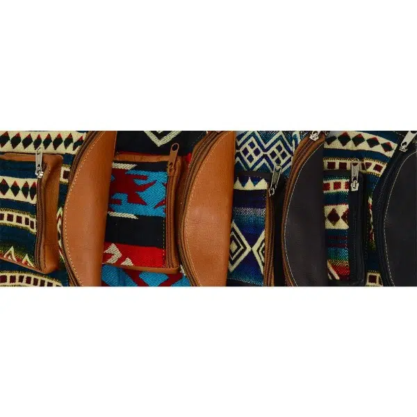 Tan and dark brown leather fanny pack with tribal patterns