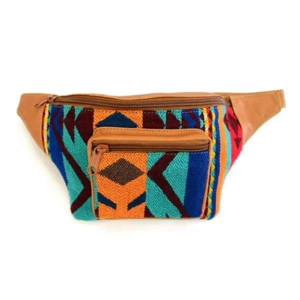 tan leather fanny pack with tribal pattern