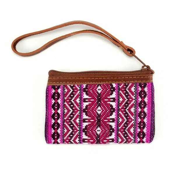 Chumbi coin purse with leather strap and pink & purple geometric design