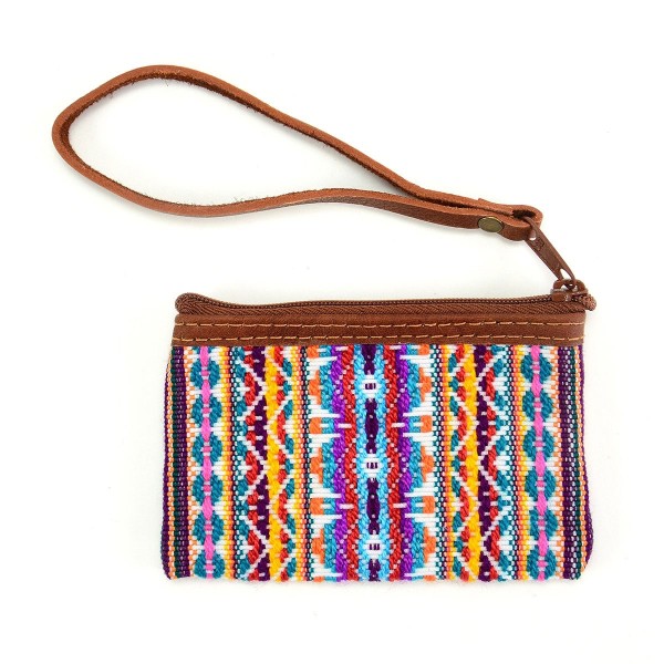 Chumbi coin purse with leather strap and rainbow color geometric design