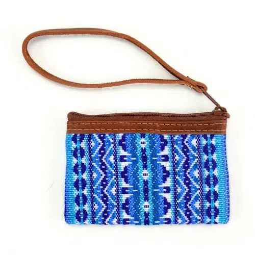 Chumbi coin purse with leather strap and blue geometric design