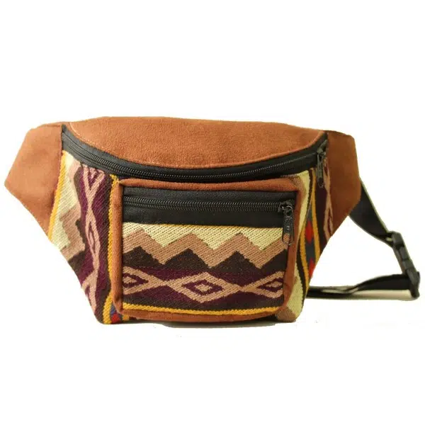 Brown vegan leather fanny pack with geometric pattern accents