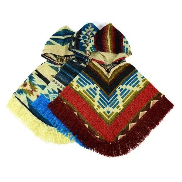 A bundle of three kids ponchos, coming in the colors of red and blue, blue and white, and white and blue
