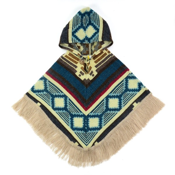 The catalina kids poncho comes in fun colorful designs, with a fringe hood, the color is blue and white