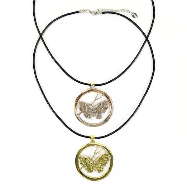 A picture of the two different mariposa necklaces, coming in two different colors, silver and gold.