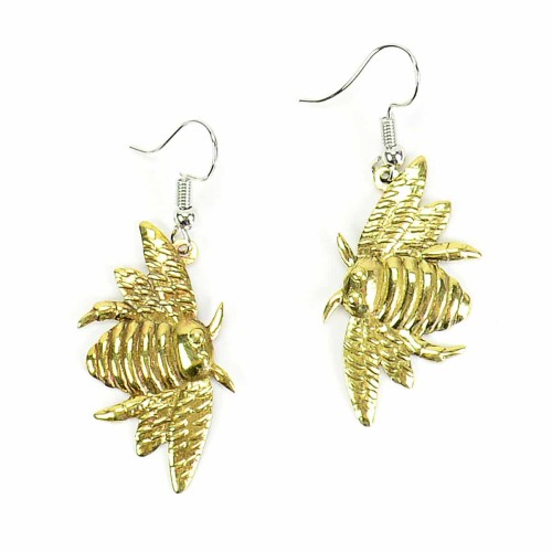 A close up picture of the bumblebee earrings, in the color gold.